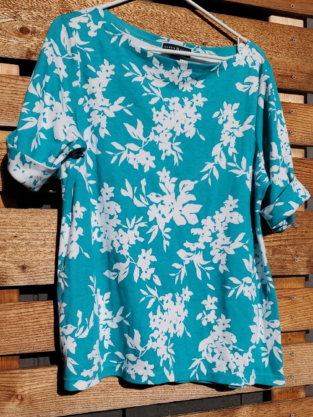 Karen Scott Turquoise Floral Boatneck Blouse